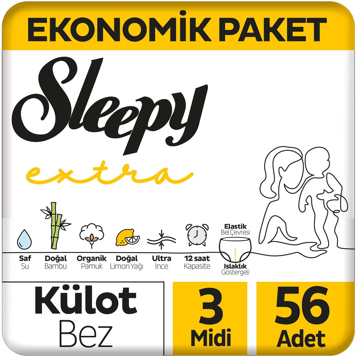 Sleepy Extra Günlük Aktivite Ekonomik Paket Külot Bez 3 Numara Midi 56 Adet