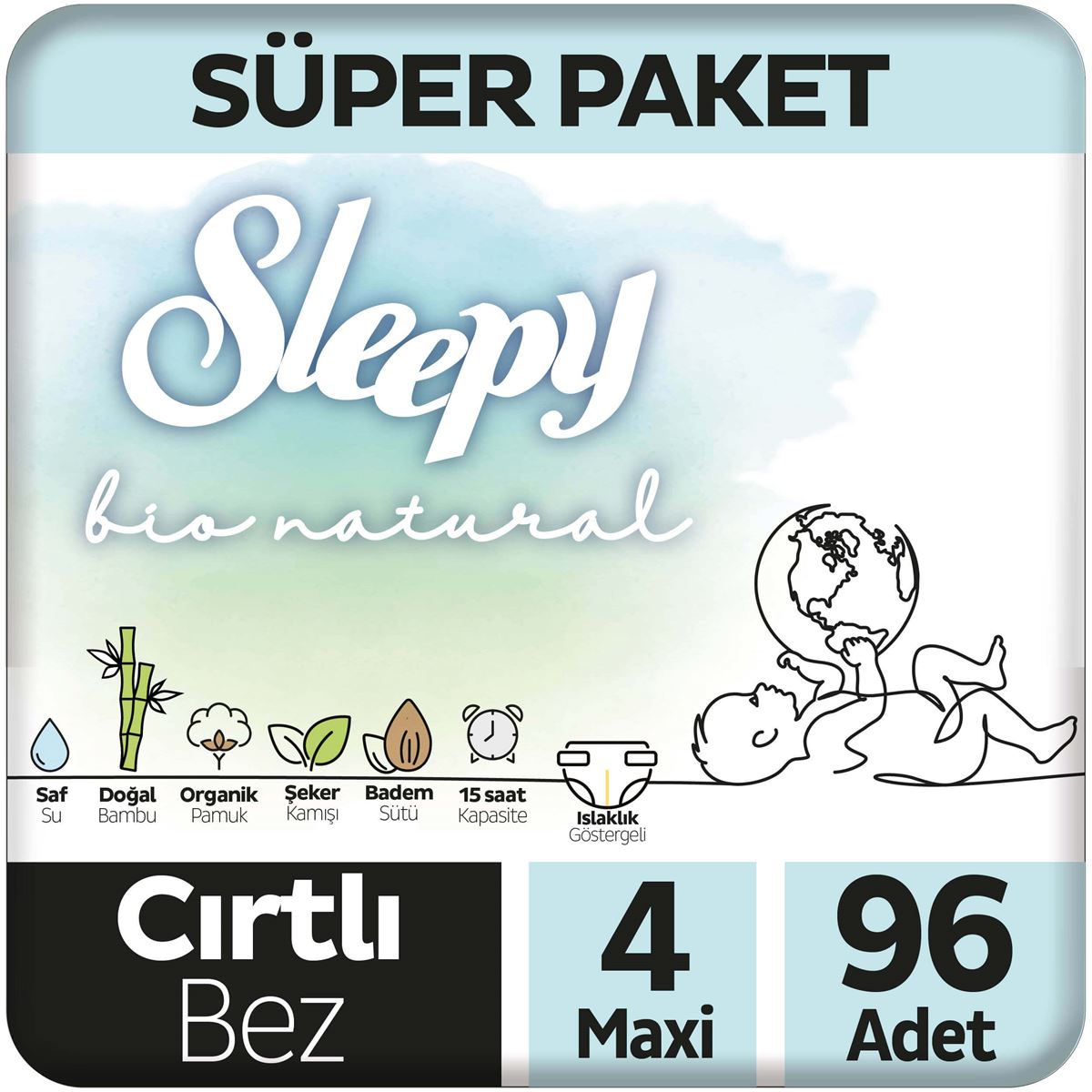 Sleepy Bio Natural Süper Paket Bebek Bezi 4 Numara Maxi 96 Adet
