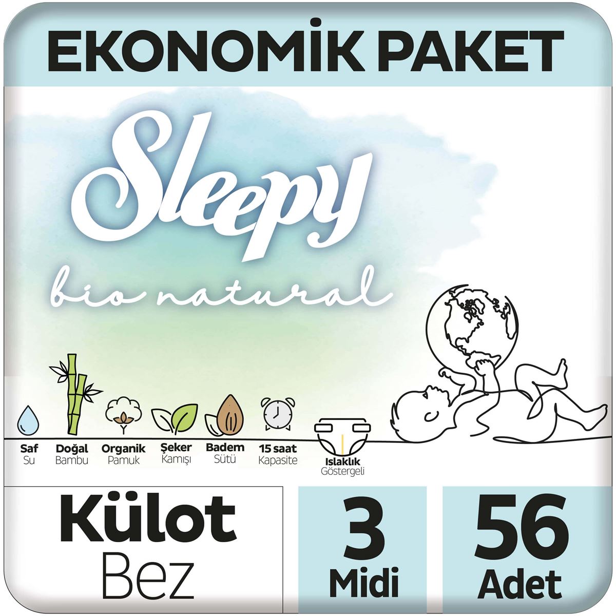 Sleepy Bio Natural Ekonomik Paket Külot Bez 3 Numara Midi 56 Adet