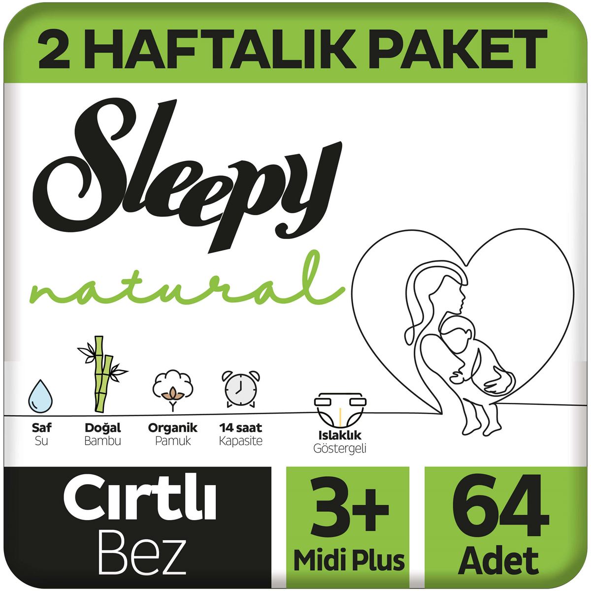 Sleepy Natural 2 Haftalık Paket Bebek Bezi 3+ Numara Midi Plus 64 Adet
