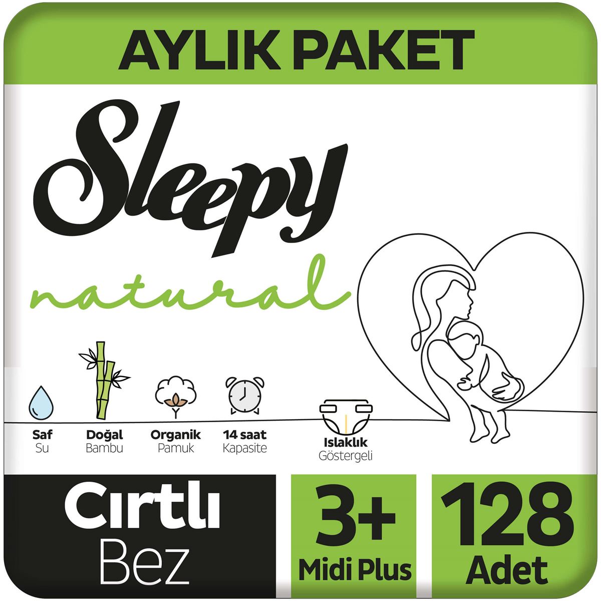 Sleepy Natural Aylık Paket Bebek Bezi 3+ Numara Midi Plus 128 Adet