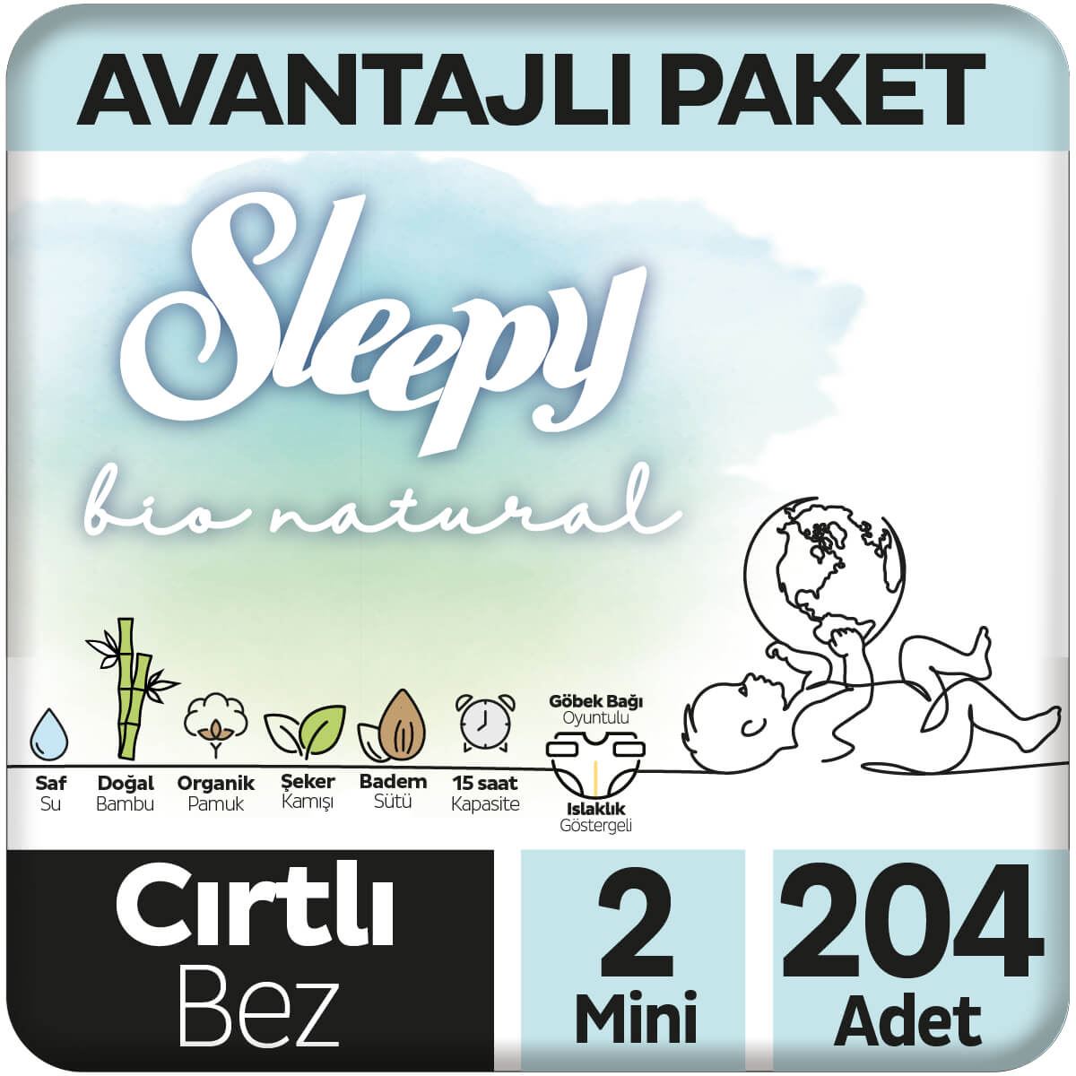 Sleepy Bio Natural Avantajlı Paket Bebek Bezi 2 Numara Mini 204 Adet