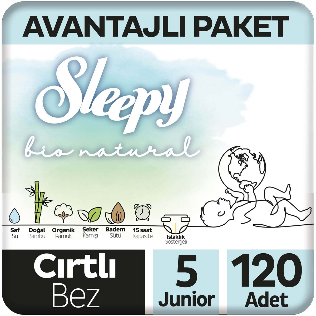 Sleepy Bio Natural Avantajlı Paket Bebek Bezi 5 Numara Junior 120 Adet