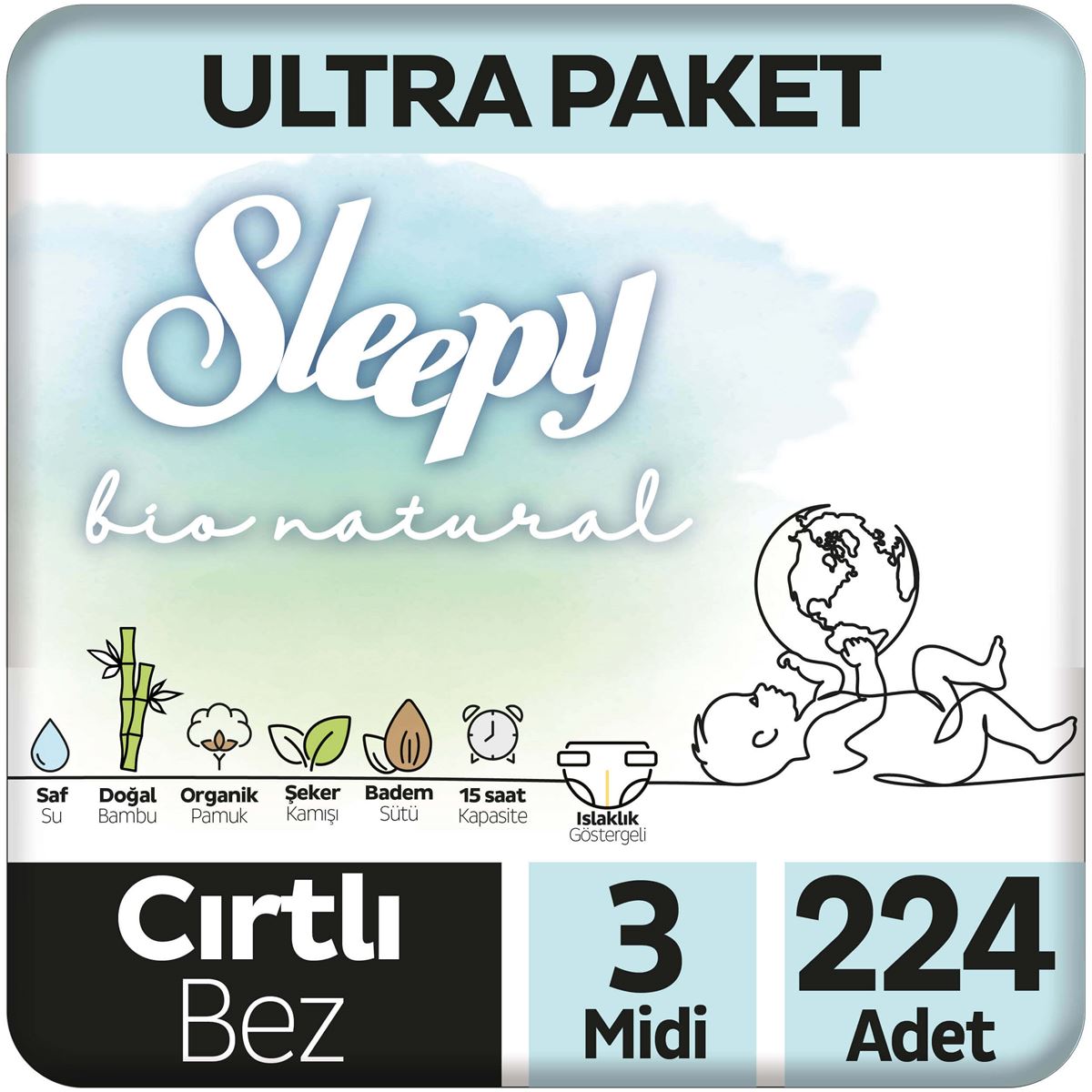 Sleepy Bio Natural Ultra Paket Bebek Bezi 3 Numara Midi 224 Adet