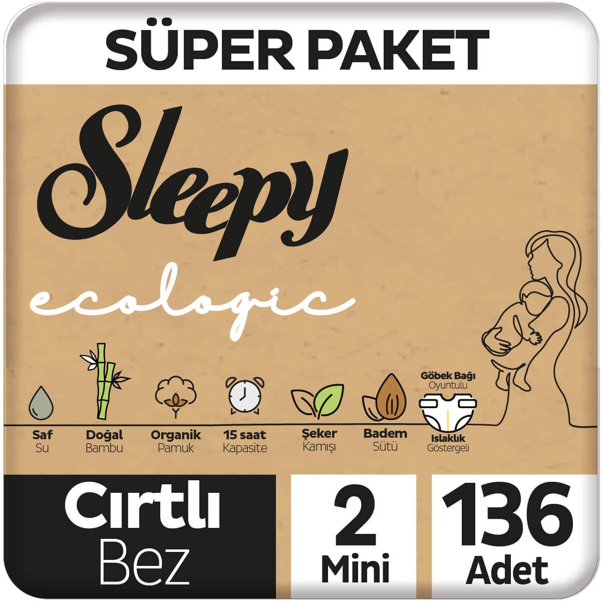 Sleepy Ecologic Süper Paket Bebek Bezi 2 Numara Mini 136 Adet