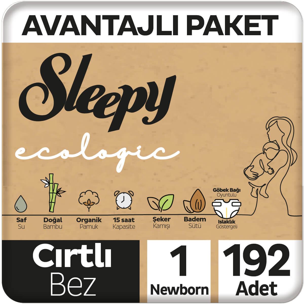 Sleepy Ecologic Avantajlı Paket Bebek Bezi 1 Numara Yenidoğan 192 Adet