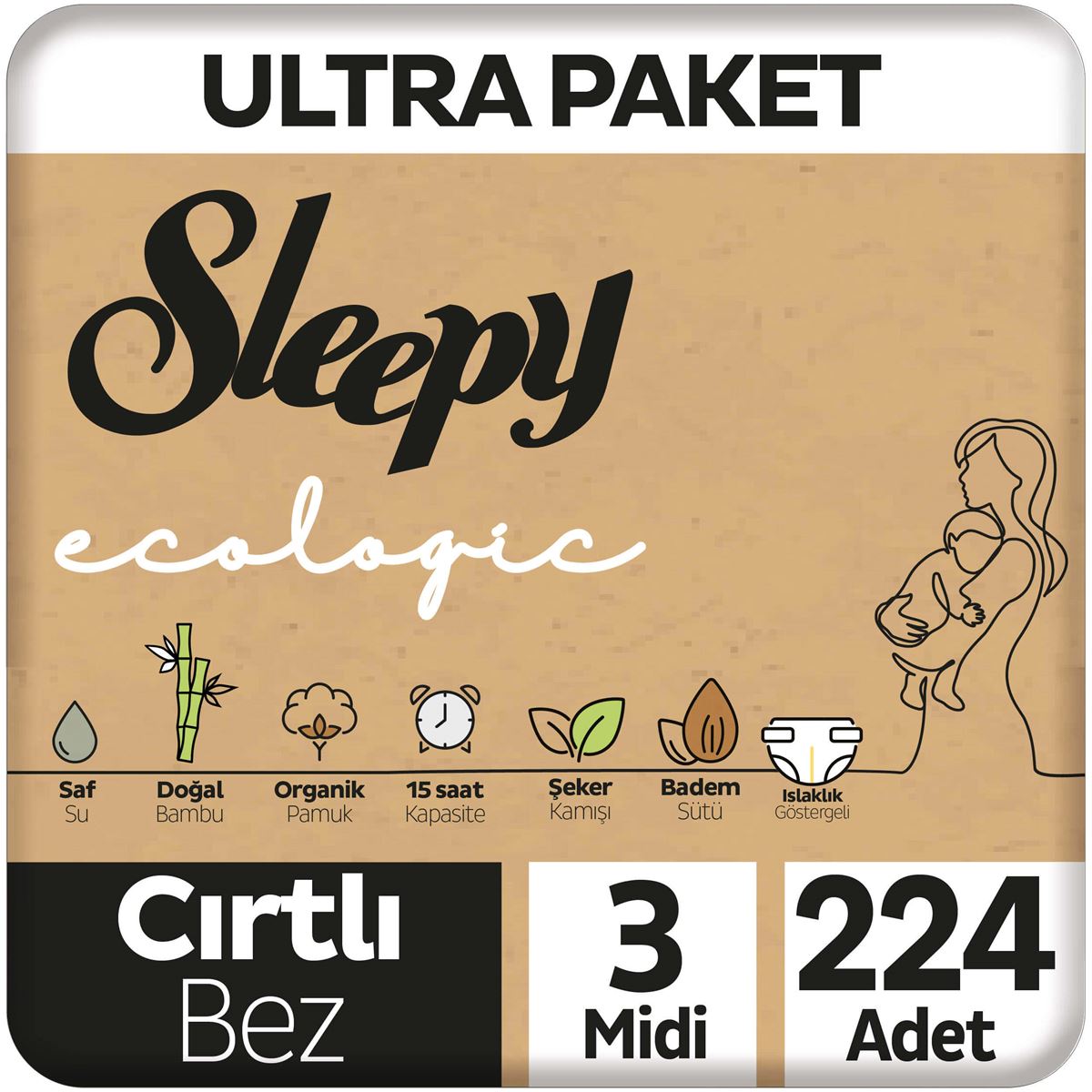 Sleepy Ecologic Ultra Paket Bebek Bezi 3 Numara Midi 224 Adet