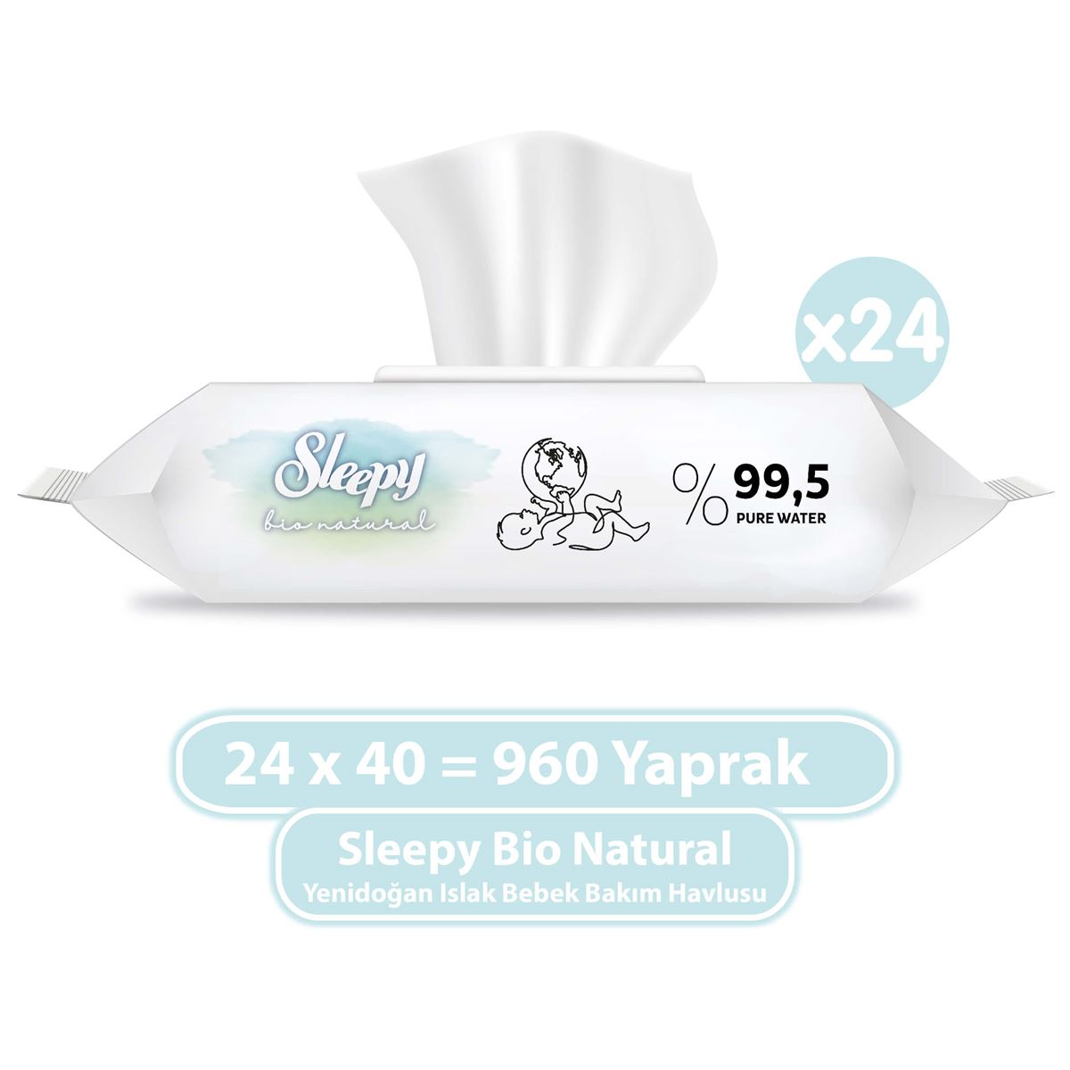Sleepy Bio Natural Yenidoğan Islak Bebek Bakım Havlusu 24x40 (960 Yaprak)