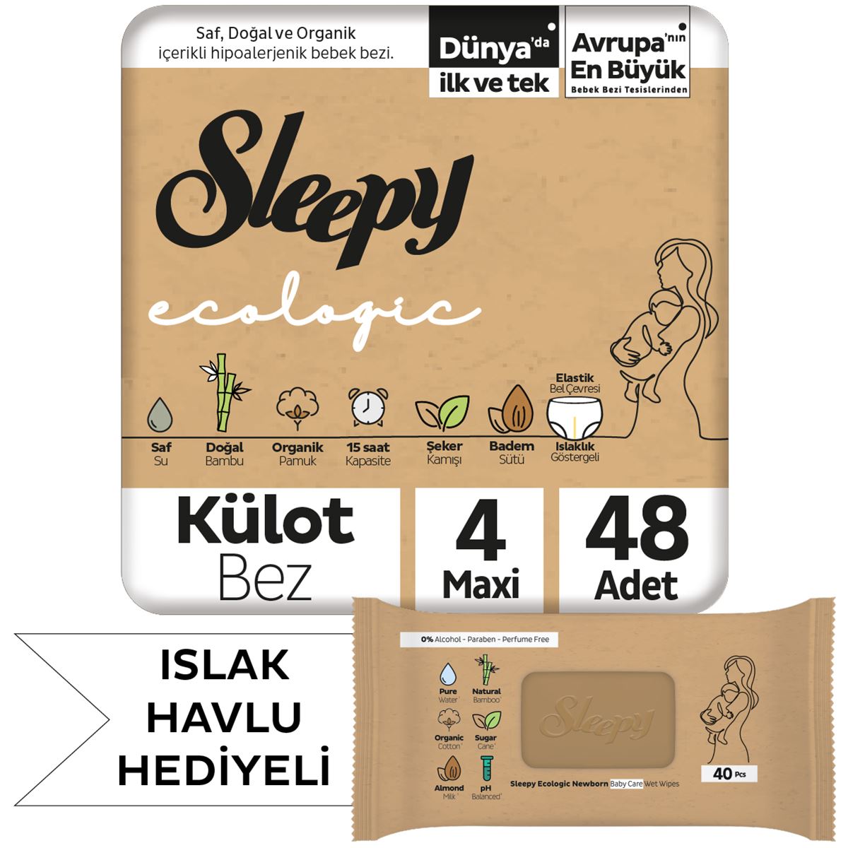 Sleepy Ecologic Külot Bez 4 Numara Maxi 48 Adet + Yenidoğan Islak Bebek Bakım Havlusu Hediyeli