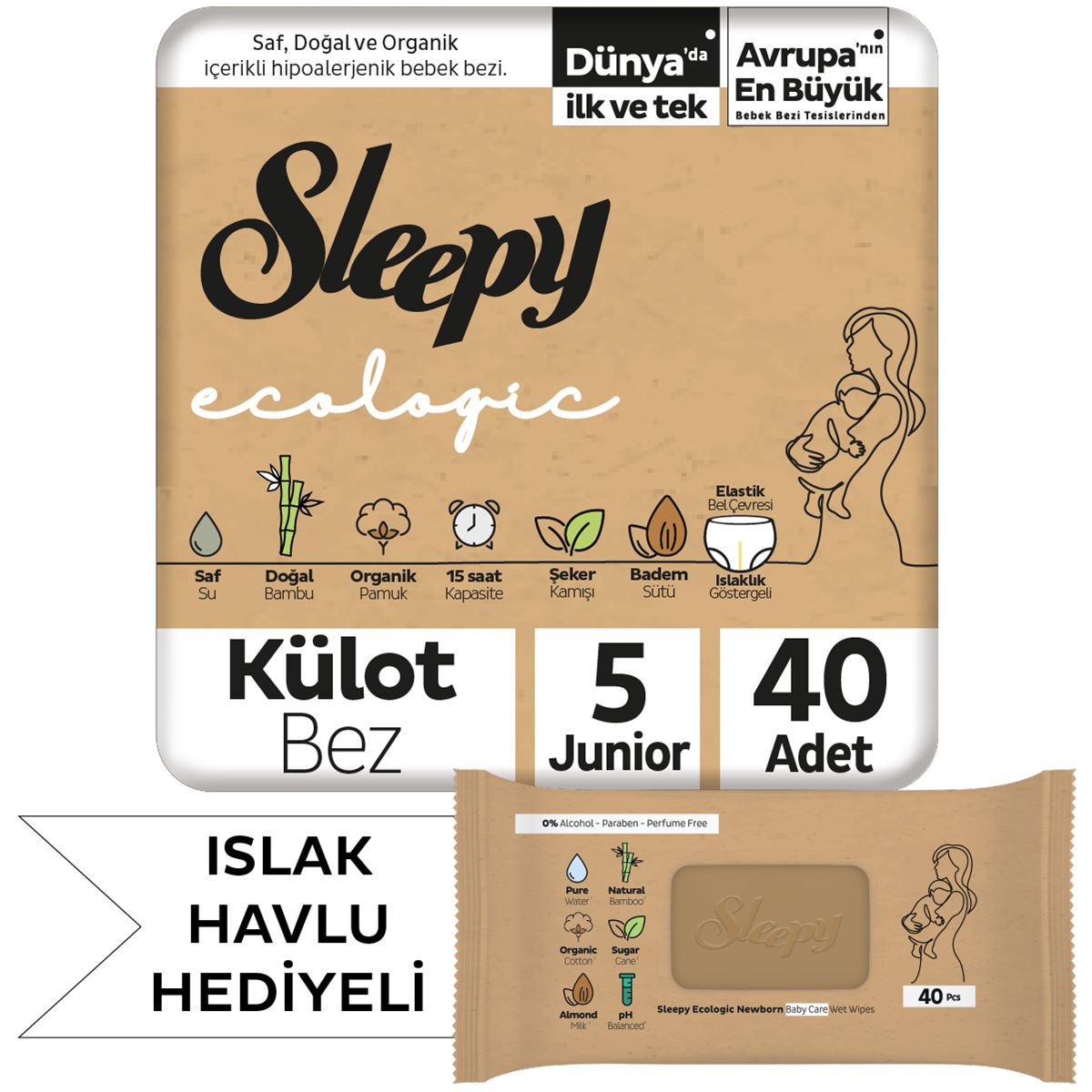 Sleepy Ecologic Külot Bez 5 Numara Junior 40 Adet + Yenidoğan Islak Bebek Bakım Havlusu Hediyeli