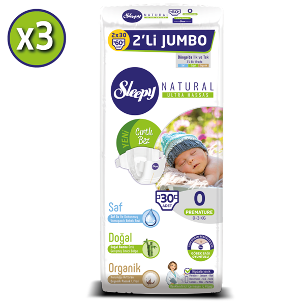 Sleepy Natural Bebek Bezi 0 Numara Prematüre 3X2'Lİ Jumbo 180 Adet 