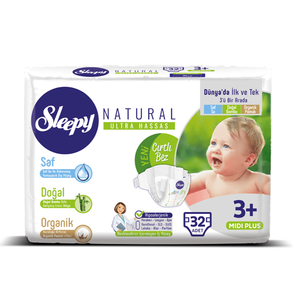 Sleepy Natural Bebek Bezi 3+ Numara Midi Plus 32 Adet 