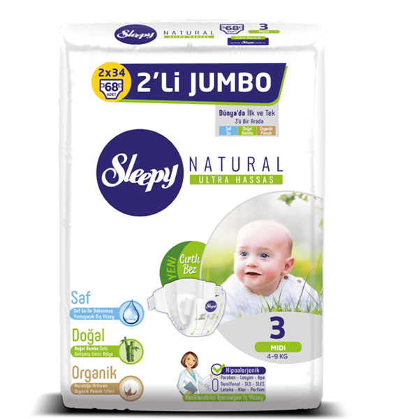 Sleepy Natural Bebek Bezi 3 Numara Midi 2'Lİ JUMBO 68 Adet 