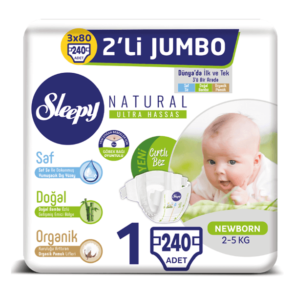 Sleepy Natural Bebek Bezi 1 Numara Yenidoğan 3X2'Lİ JUMBO 240 Adet 