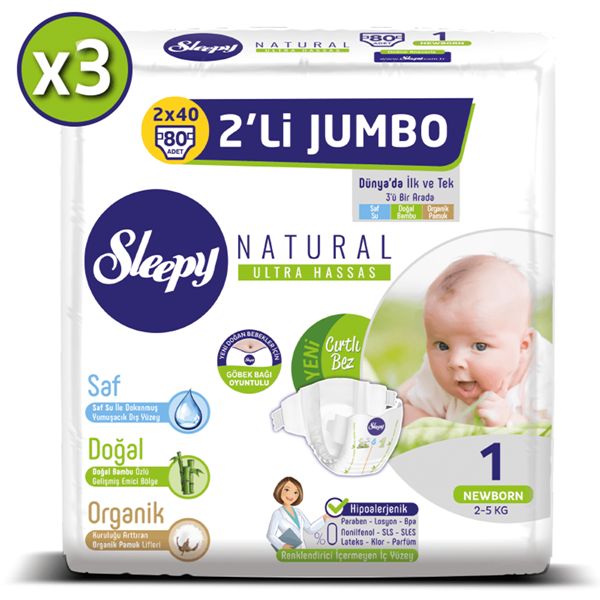 Sleepy Natural Bebek Bezi 1 Numara Yenidoğan 3X2'Lİ JUMBO 240 Adet 