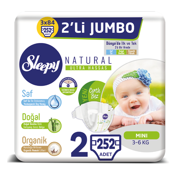 Sleepy Natural Bebek Bezi 2 Numara Mini 3X2'Lİ JUMBO 252 Adet 