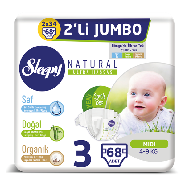 Sleepy Natural Bebek Bezi 3 Numara Midi 2'Lİ JUMBO 68 Adet 