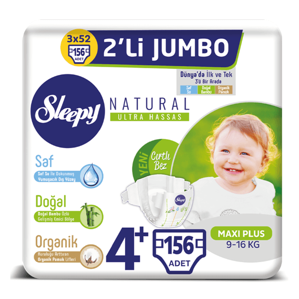 Sleepy Natural Bebek Bezi 4+ Numara Maxi Plus 3X2'Lİ JUMBO 156 Adet 