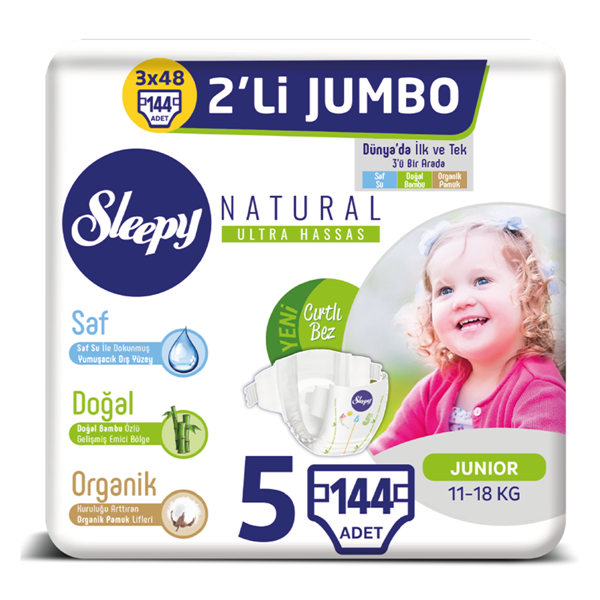 Sleepy Natural Bebek Bezi 5 Numara Junior 3X2'Lİ JUMBO 144 Adet 