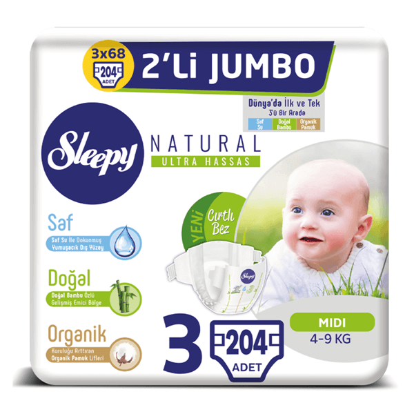 Sleepy Natural Bebek Bezi 3 Numara Midi 3X2'Lİ JUMBO 204 Adet 