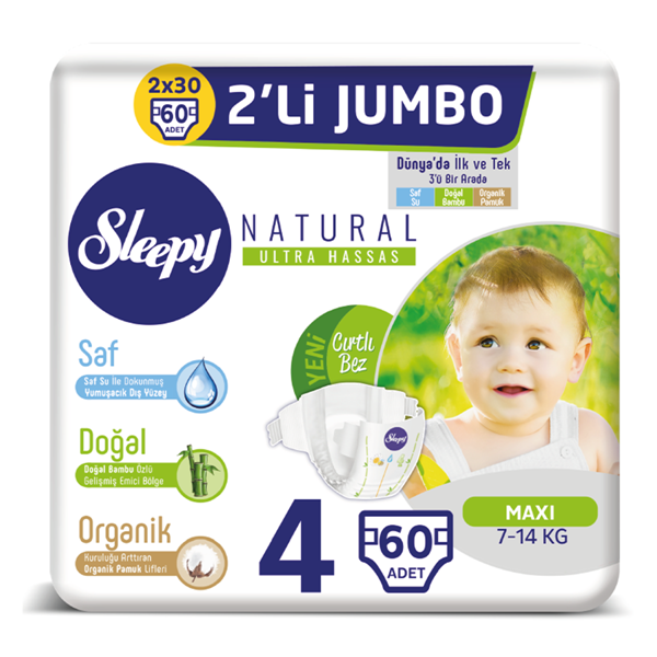 Sleepy Natural Bebek Bezi 4 Numara Maxi 2'Lİ JUMBO 60 Adet 
