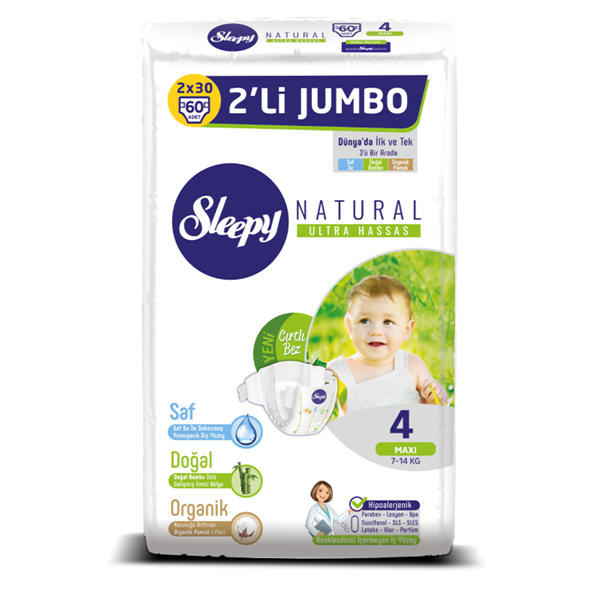 Sleepy Natural Bebek Bezi 4 Numara Maxi 2'Lİ JUMBO 60 Adet 
