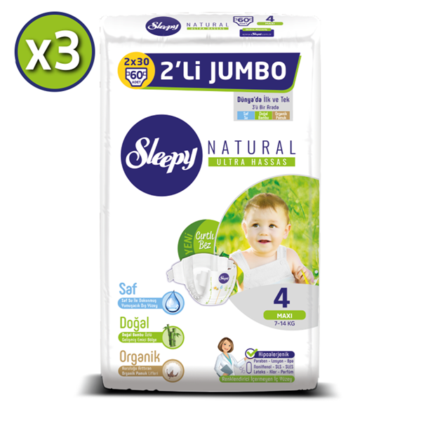 Sleepy Natural Bebek Bezi 4 Numara Maxi 3X2'Lİ JUMBO 180 Adet 