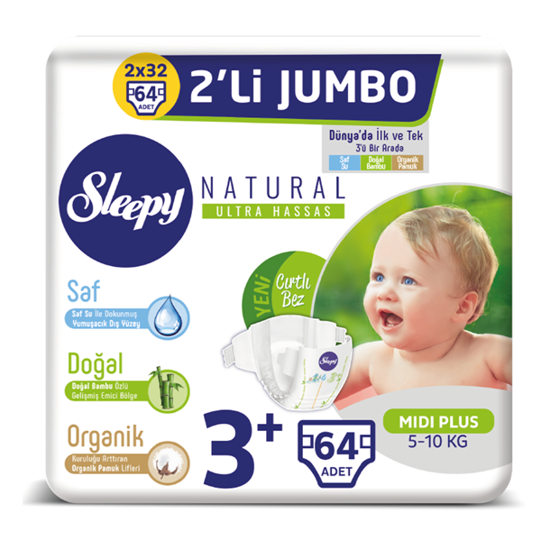 Sleepy Natural Bebek Bezi 3+ Numara Midi Plus 2'Lİ JUMBO 64 Adet