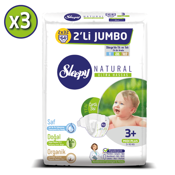 Sleepy Natural Bebek Bezi 3+ Numara Midi Plus 3X2'Lİ JUMBO 192 Adet 