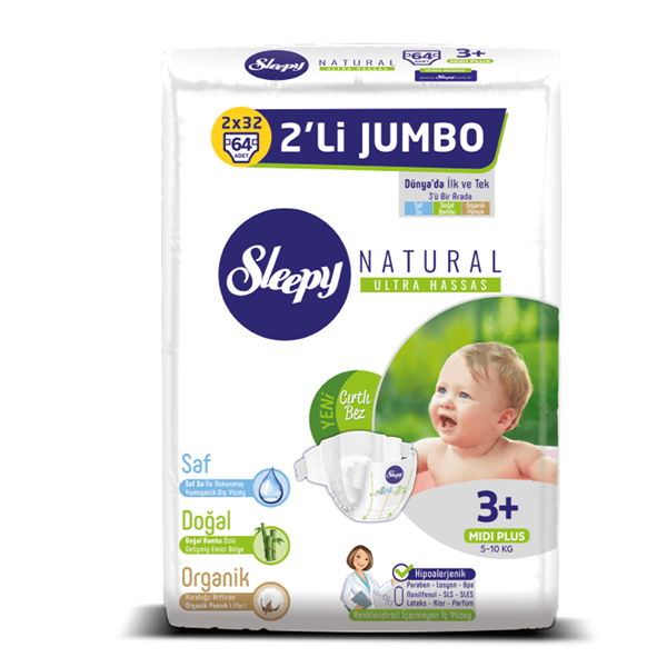 Sleepy Natural Bebek Bezi 3+ Numara Midi Plus 2'Lİ JUMBO 64 Adet