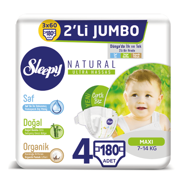 Sleepy Natural Bebek Bezi 4 Numara Maxi 3X2'Lİ JUMBO 180 Adet 