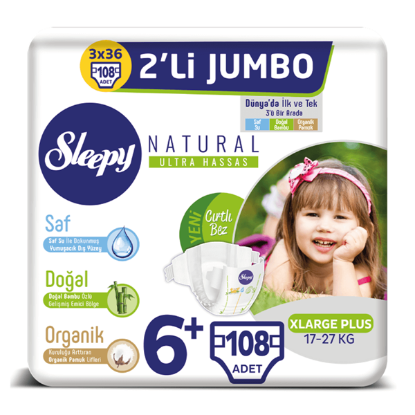 Sleepy Natural Bebek Bezi 6+ Numara Xlarge Plus 3X2'Lİ JUMBO 108 Adet 