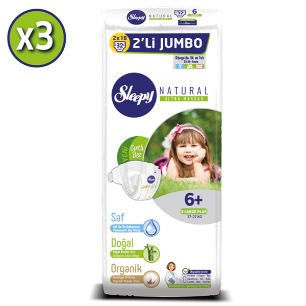 Sleepy Natural Bebek Bezi 6+ Numara Xlarge Plus 3X2'Lİ JUMBO 108 Adet 