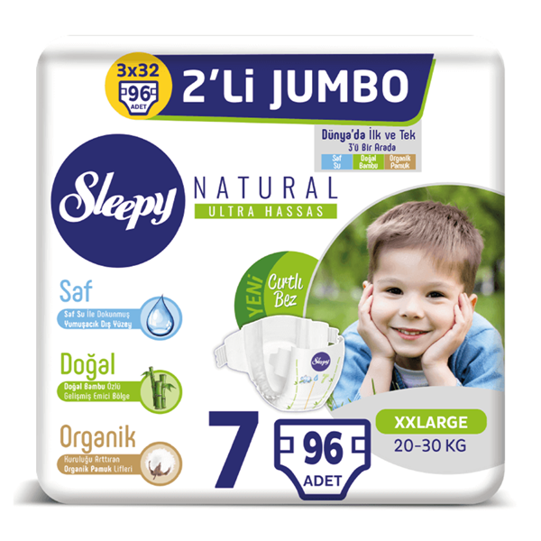 Sleepy Natural Bebek Bezi 7 Numara XXLarge 3X2'Lİ JUMBO 96 Adet 