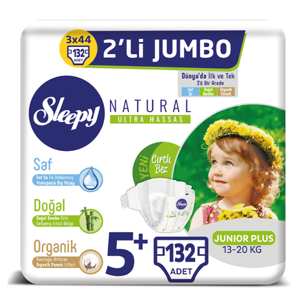 Sleepy Natural Bebek Bezi 5+ Numara Junior Plus 3X2'Lİ JUMBO 132 Adet 