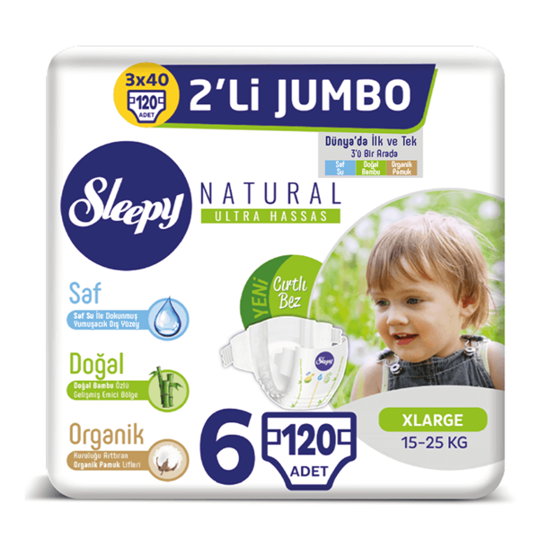 Sleepy Natural Bebek Bezi 6 Numara Xlarge 3X2'Lİ JUMBO 120 Adet 