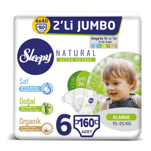Sleepy Natural Bebek Bezi 6 Numara Xlarge 4X2'Lİ JUMBO 160 Adet