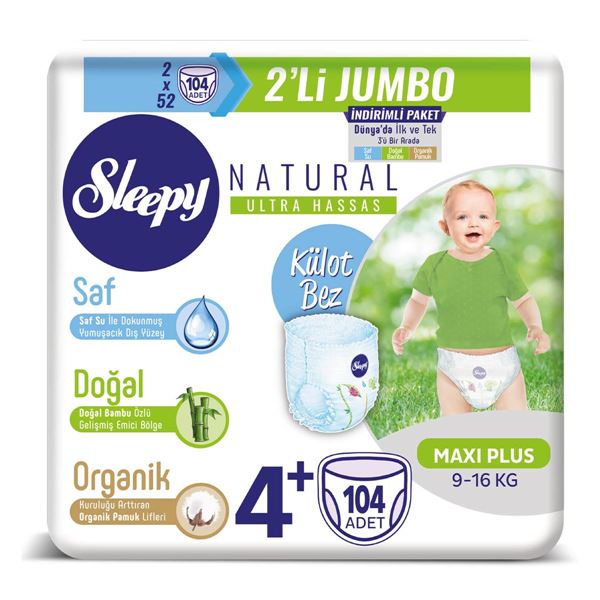 Sleepy Natural Külot Bez 4+ Numara Maxi Plus 2X2'Lİ JUMBO 104 Adet 