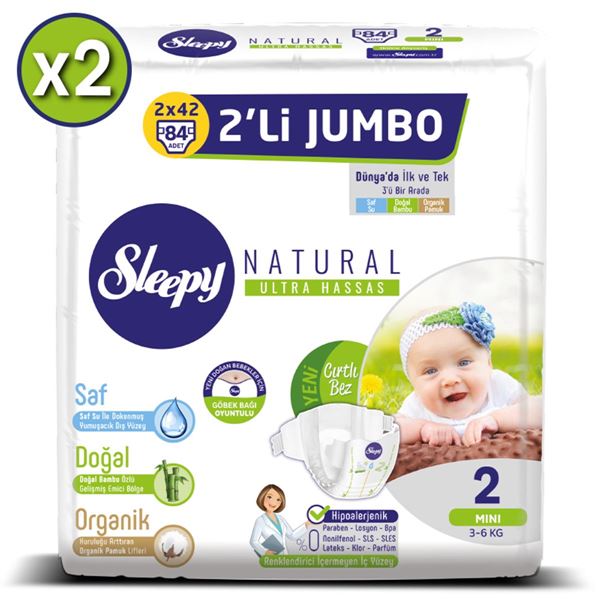 zSleepy Natural Bebek Bezi 2 Numara Mini 2X2'Lİ JUMBO+2 Adet Islak Havlu Hediyeli
