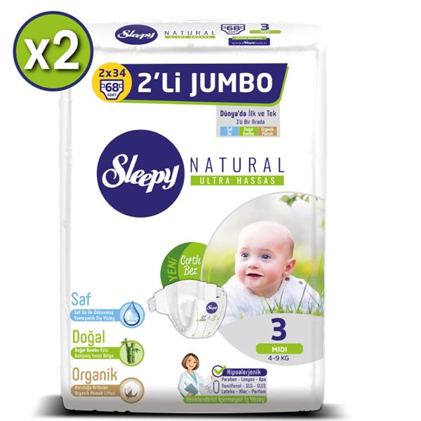 zSleepy Natural Bebek Bezi 3 Numara Midi 2X2'Lİ JUMBO+2 Adet Islak Havlu Hediyeli