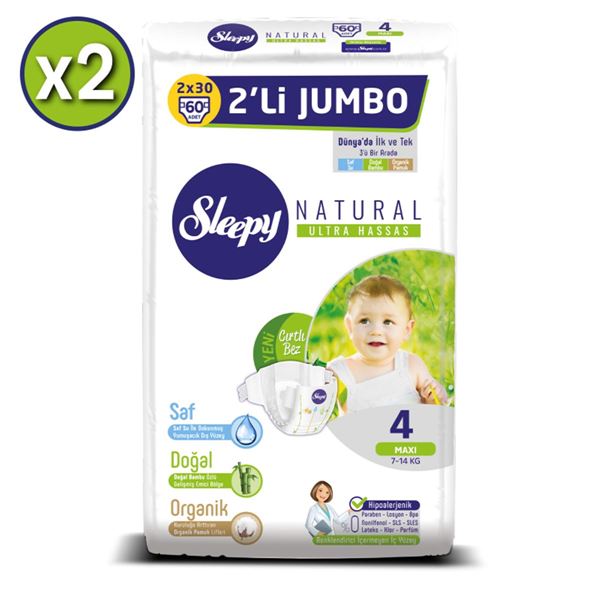 zSleepy Natural Bebek Bezi 4 Numara Maxi 2X2'Lİ JUMBO+2 Adet Islak Havlu Hediyeli