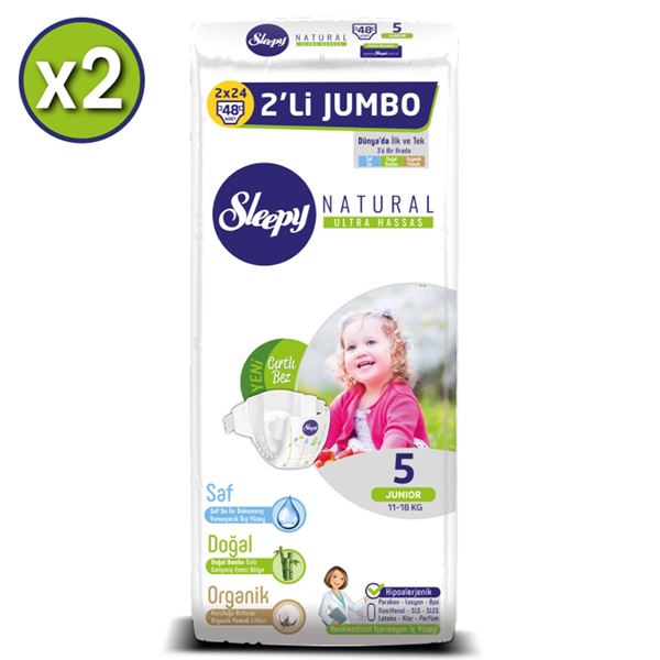 zSleepy Natural Bebek Bezi 5 Numara Junior 2X2'Lİ JUMBO+2 Adet Islak Havlu Hediyeli