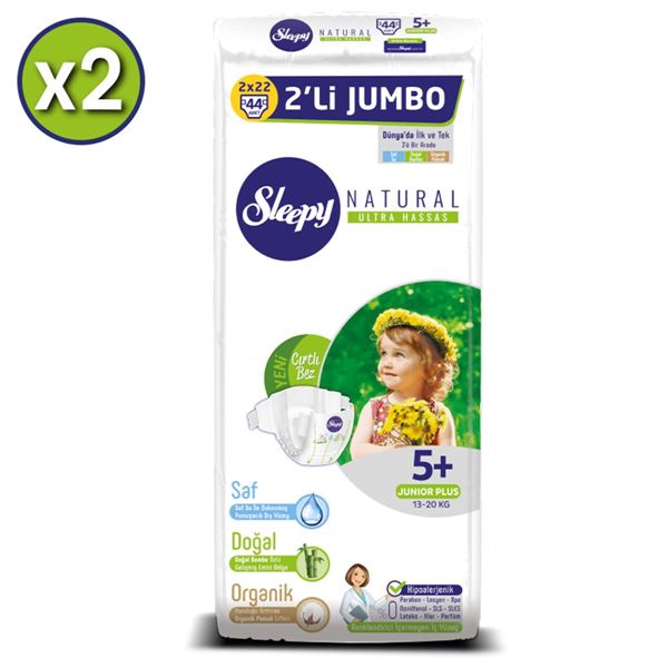 zSleepy Natural Bebek Bezi 5+ Numara Junior Plus 2X2'Lİ JUMBO+2 Adet Islak Havlu Hediyeli