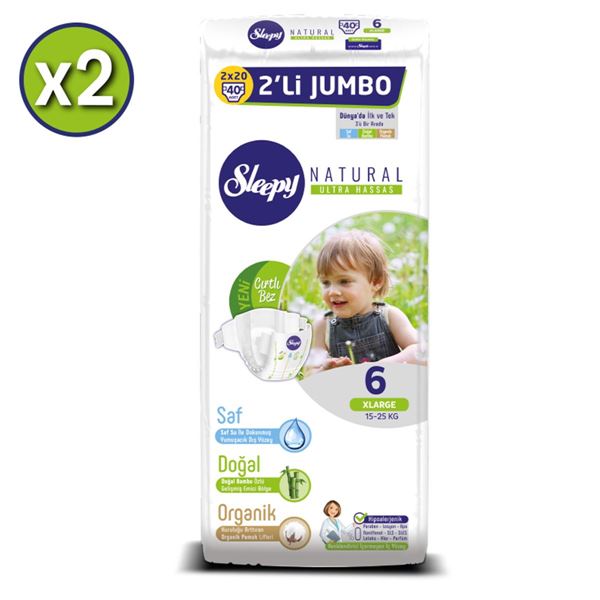 zSleepy Natural Bebek Bezi 6 Numara Xlarge 2X2'Lİ JUMBO+2 Adet Islak Havlu Hediyeli