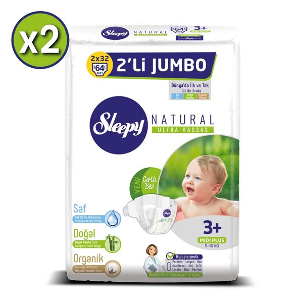 zSleepy Natural Bebek Bezi 3+ Numara Midi Plus 2X2'Lİ JUMBO+2 Adet Islak Havlu Hediyeli