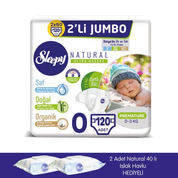 zSleepy Natural Bebek Bezi 0 Numara Prematüre 2X2'Lİ JUMBO +2 Adet Islak Havlu Hediyeli