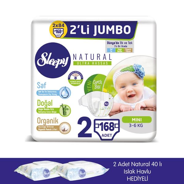 zSleepy Natural Bebek Bezi 2 Numara Mini 2X2'Lİ JUMBO+2 Adet Islak Havlu Hediyeli