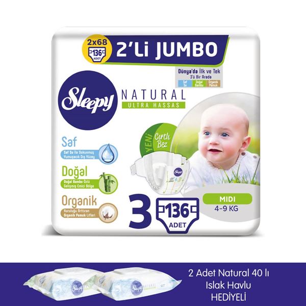 zSleepy Natural Bebek Bezi 3 Numara Midi 2X2'Lİ JUMBO+2 Adet Islak Havlu Hediyeli