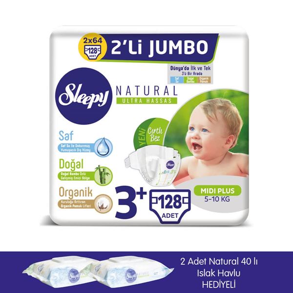 zSleepy Natural Bebek Bezi 3+ Numara Midi Plus 2X2'Lİ JUMBO+2 Adet Islak Havlu Hediyeli