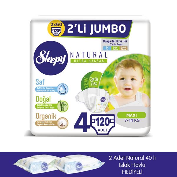 zSleepy Natural Bebek Bezi 4 Numara Maxi 2X2'Lİ JUMBO+2 Adet Islak Havlu Hediyeli